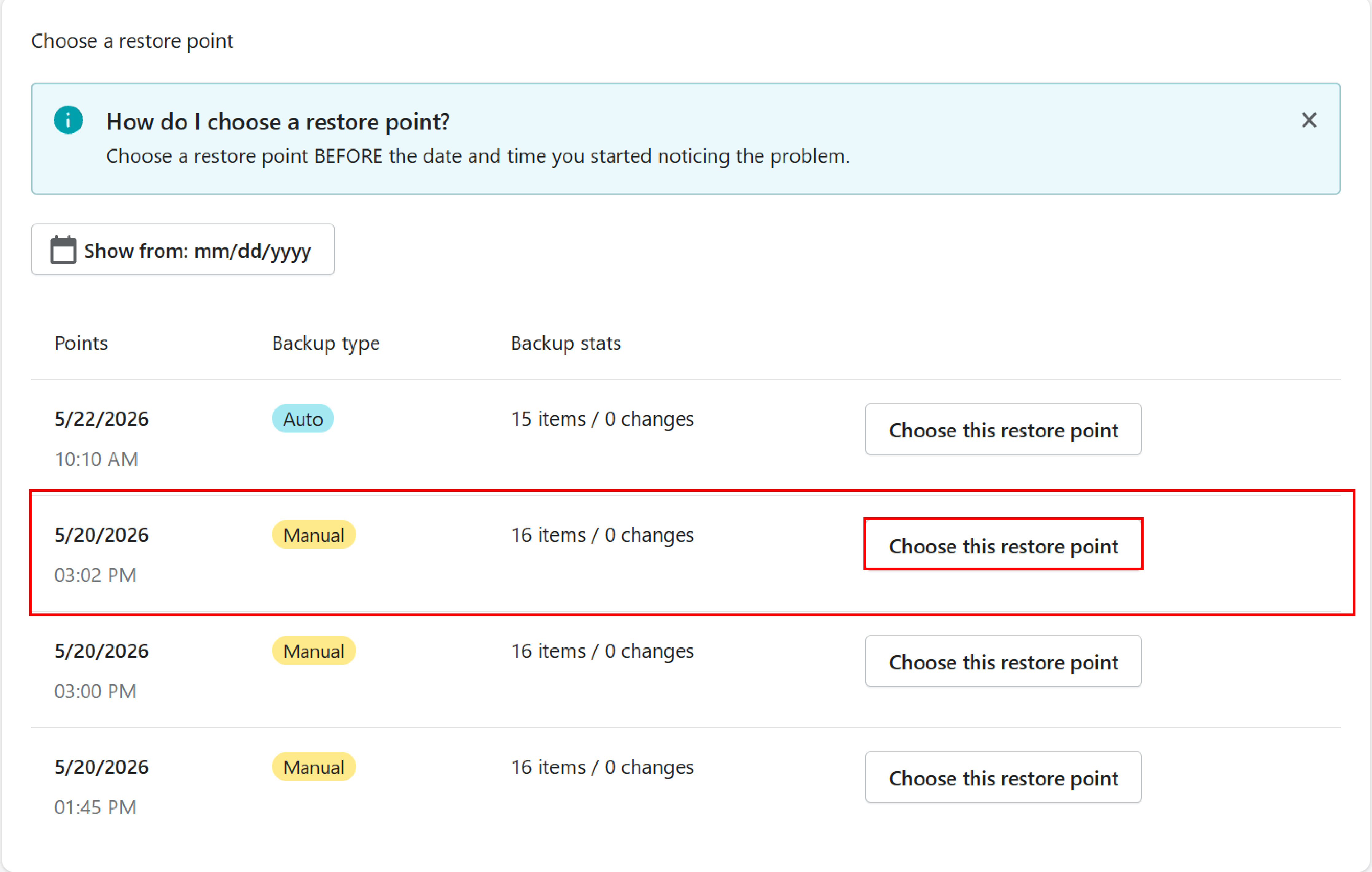 Backup history and restore points in Recover
