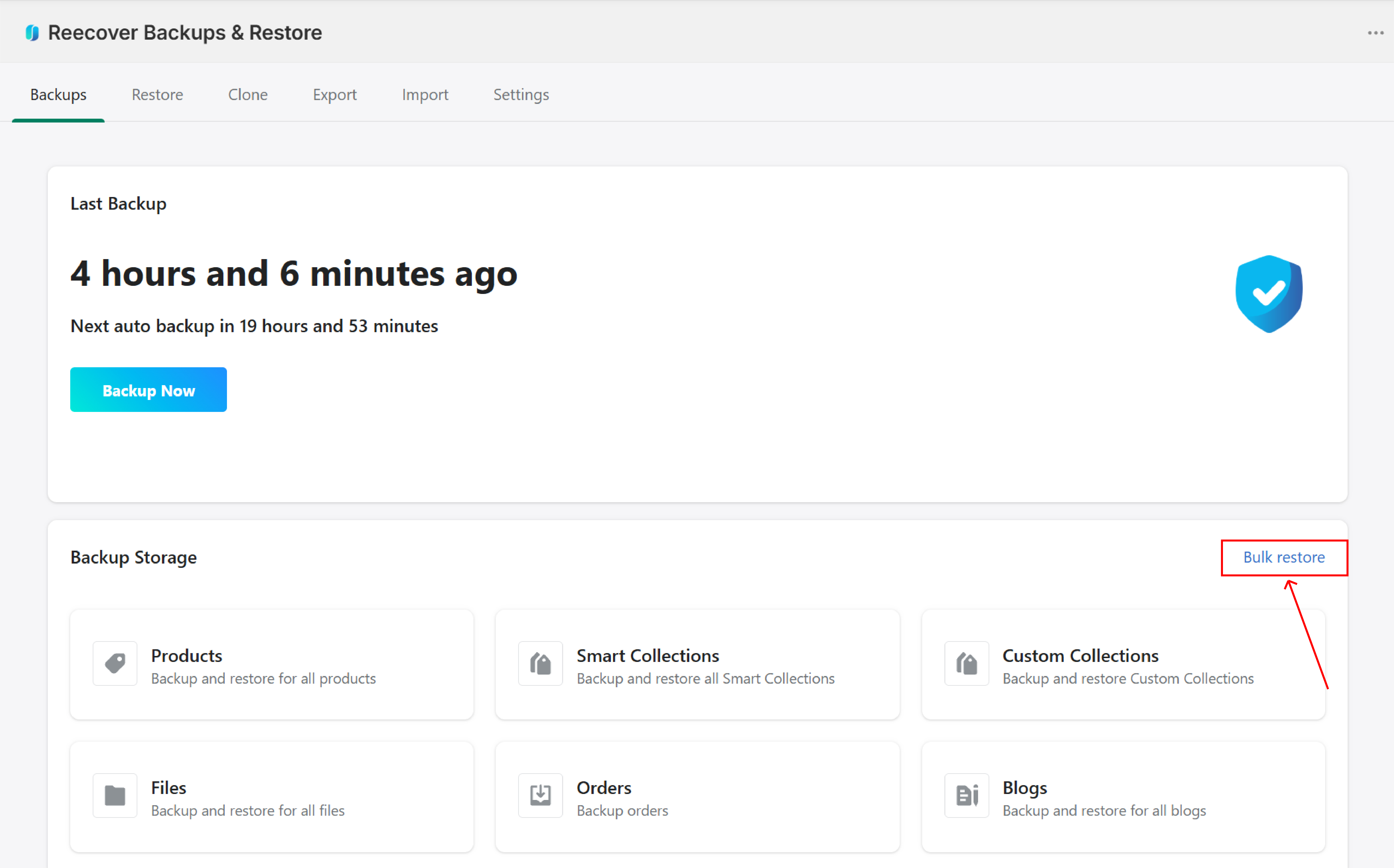 Bulk restore button on the backup storage dashboard