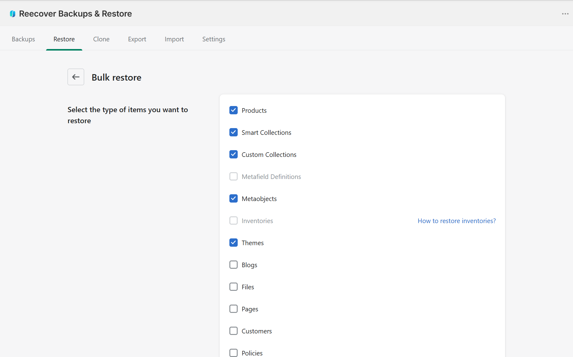 Selecting item categories for bulk restore