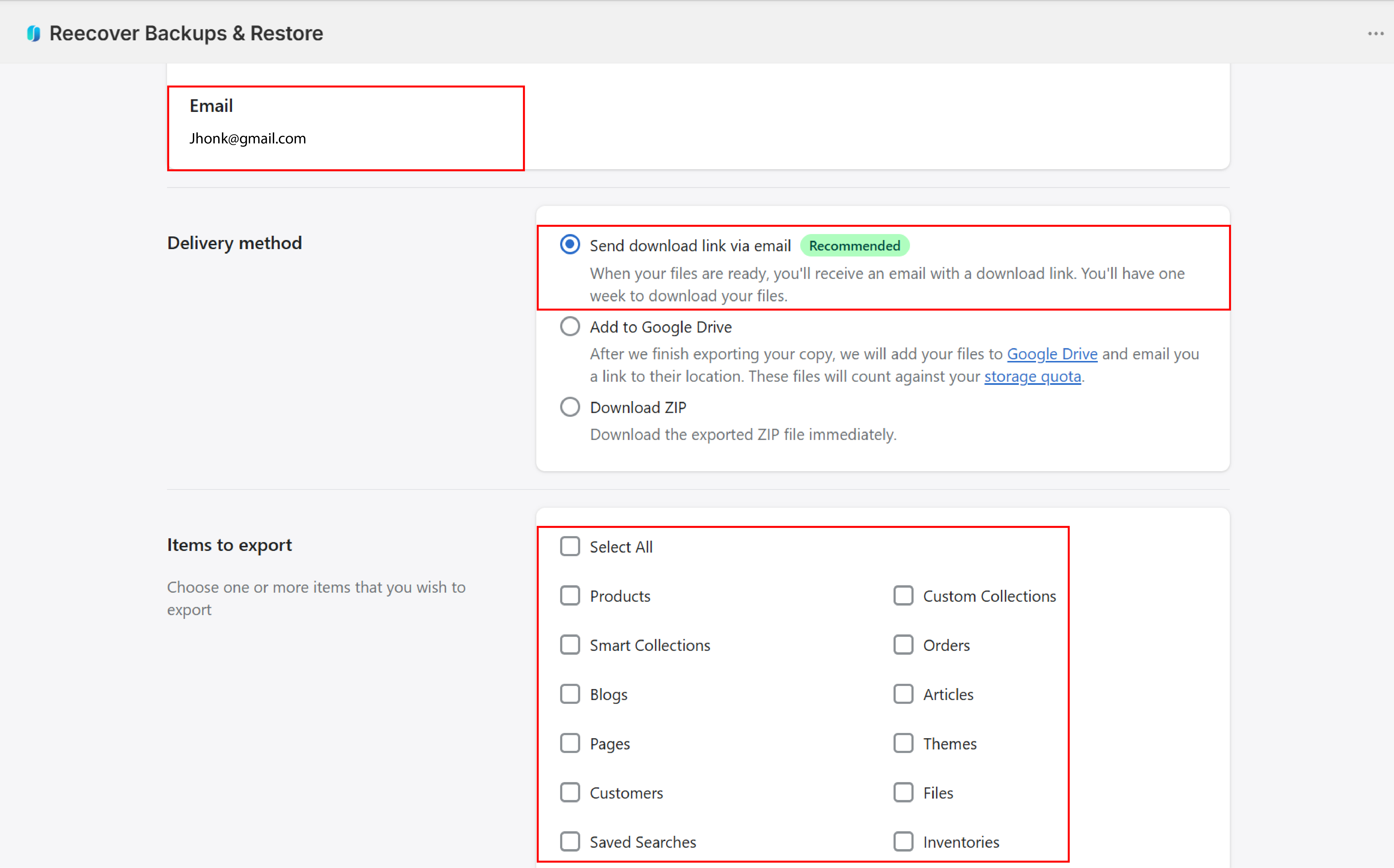 Export settings with email download option