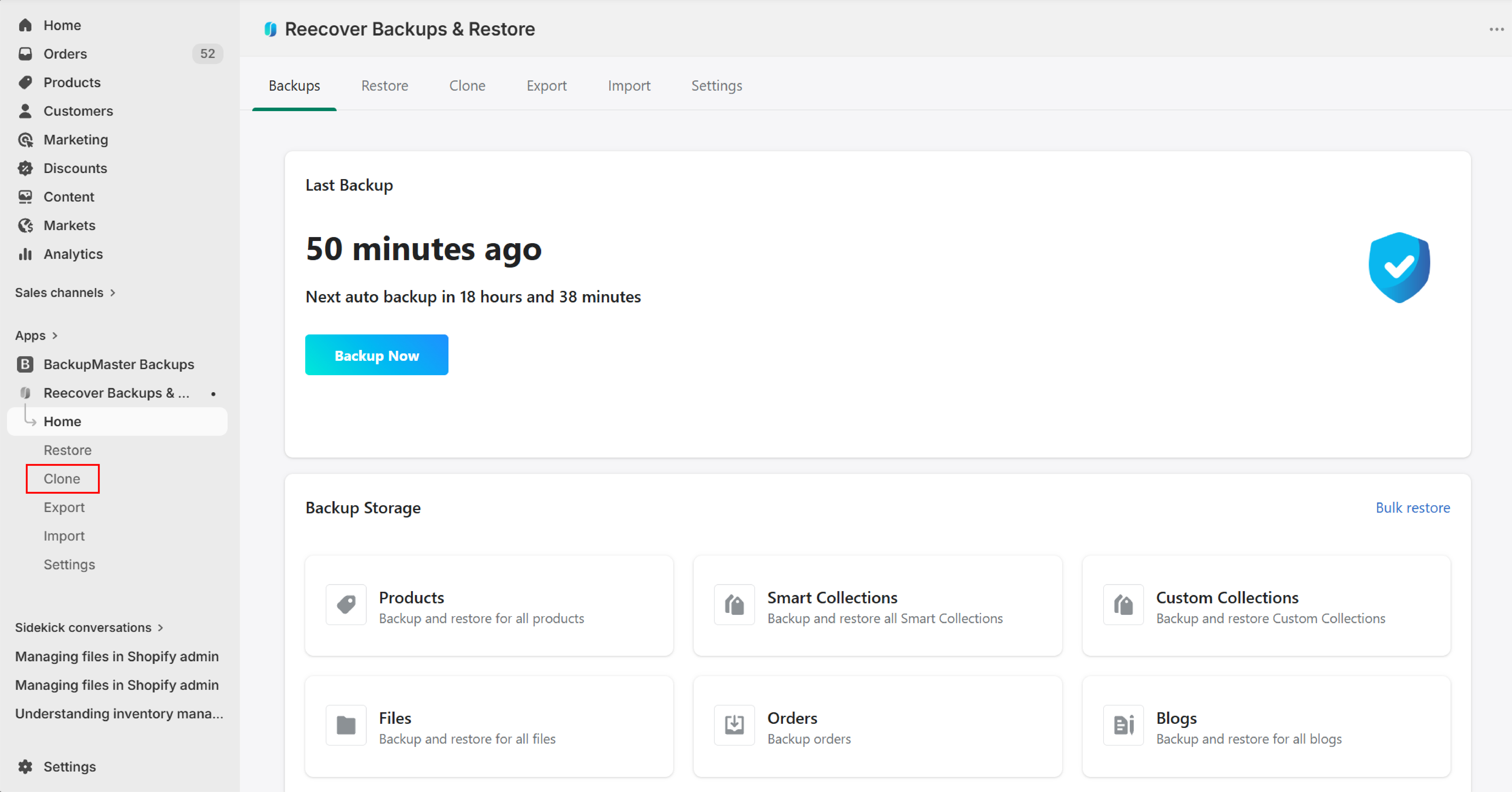Clone store button on the Recover dashboard