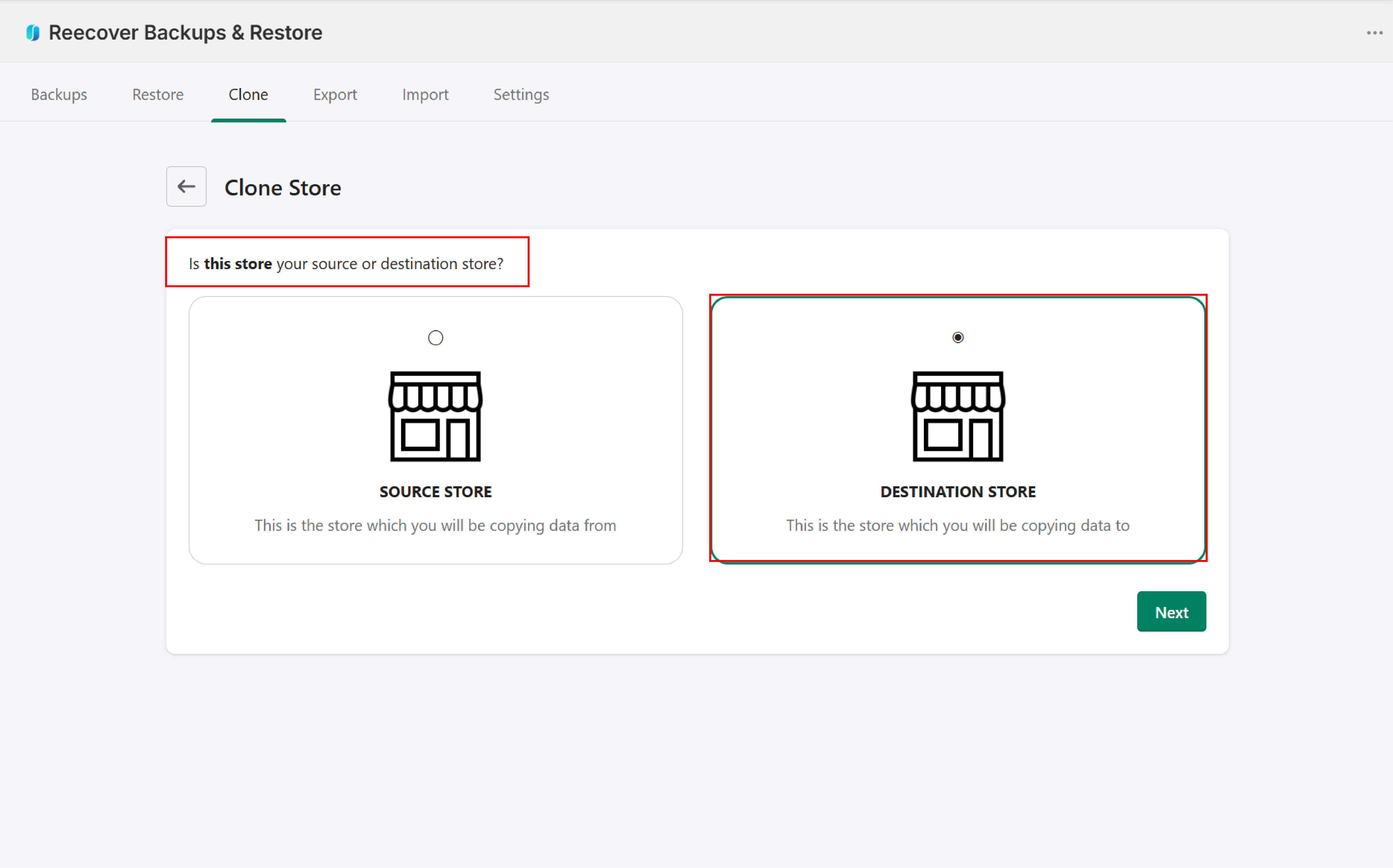 Confirm destination store screen