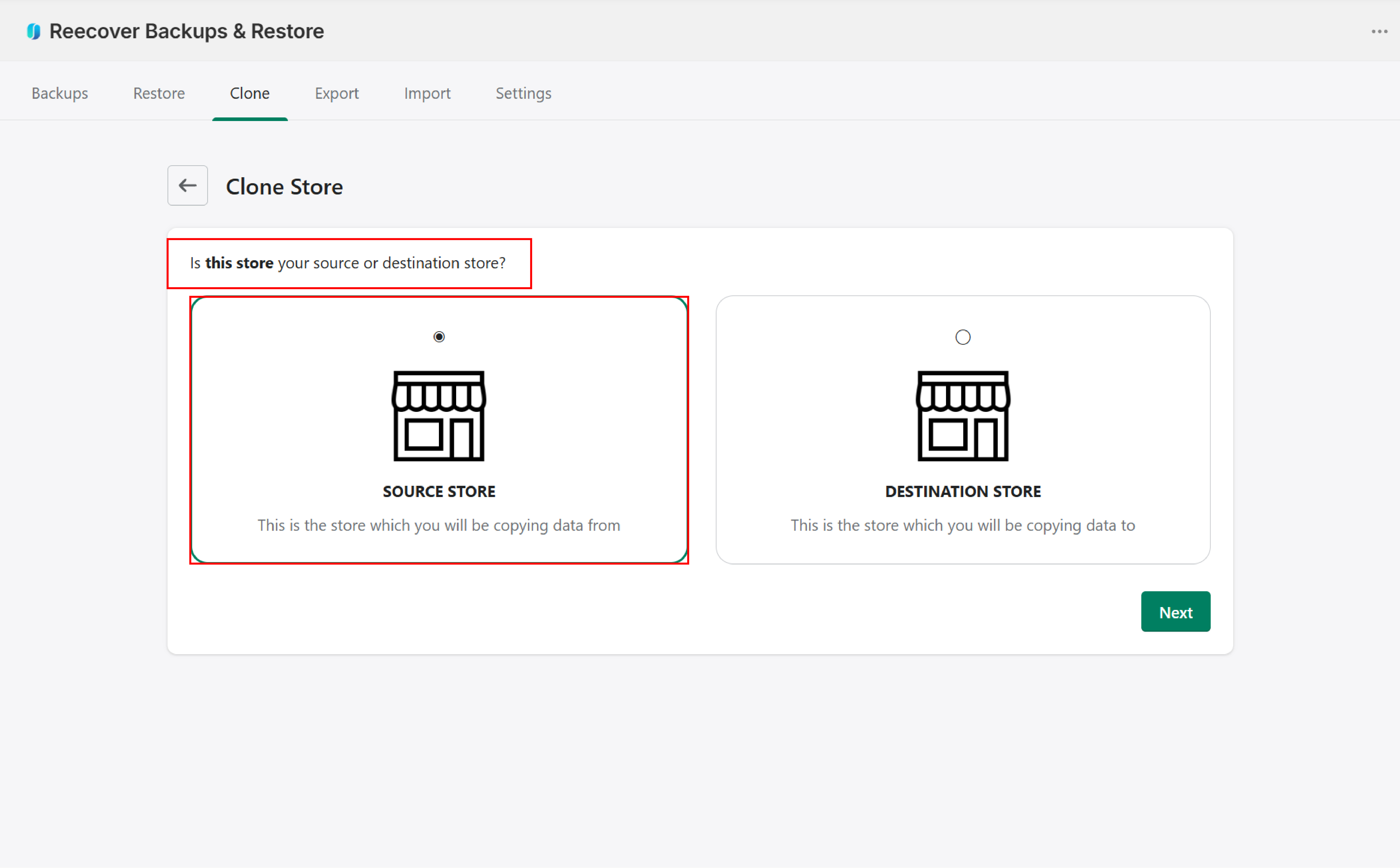 Confirm source store screen