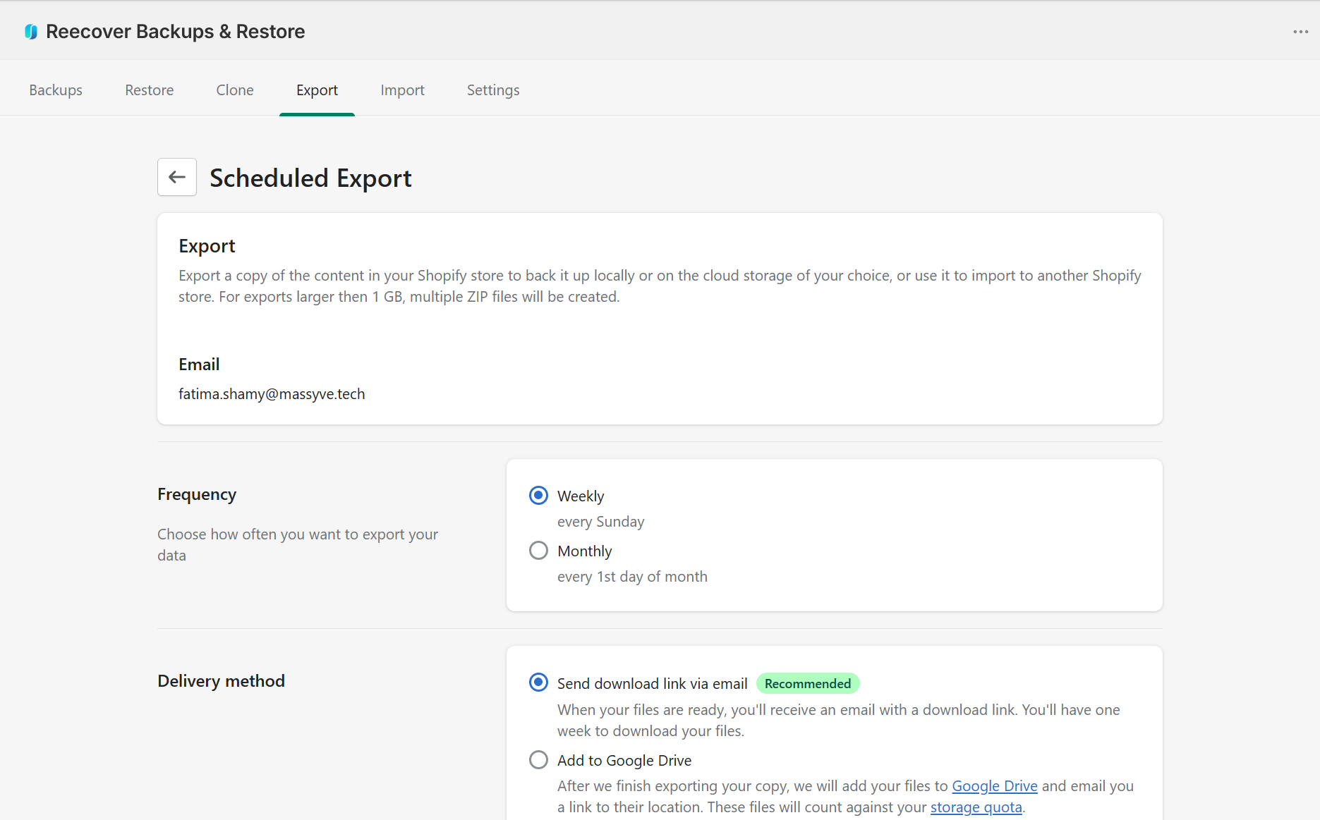 Scheduled export settings for frequency and delivery method