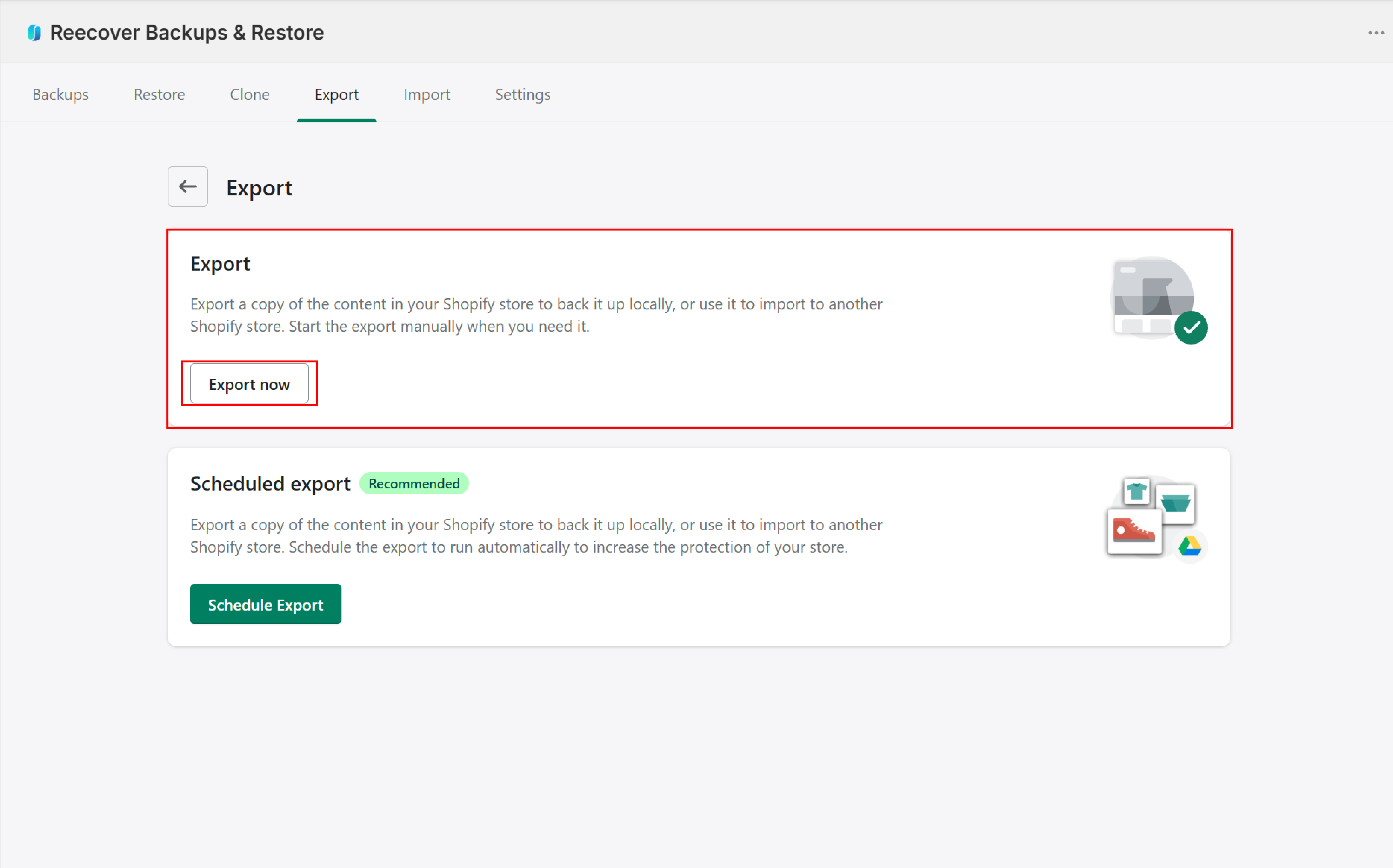Export now option in the export menu