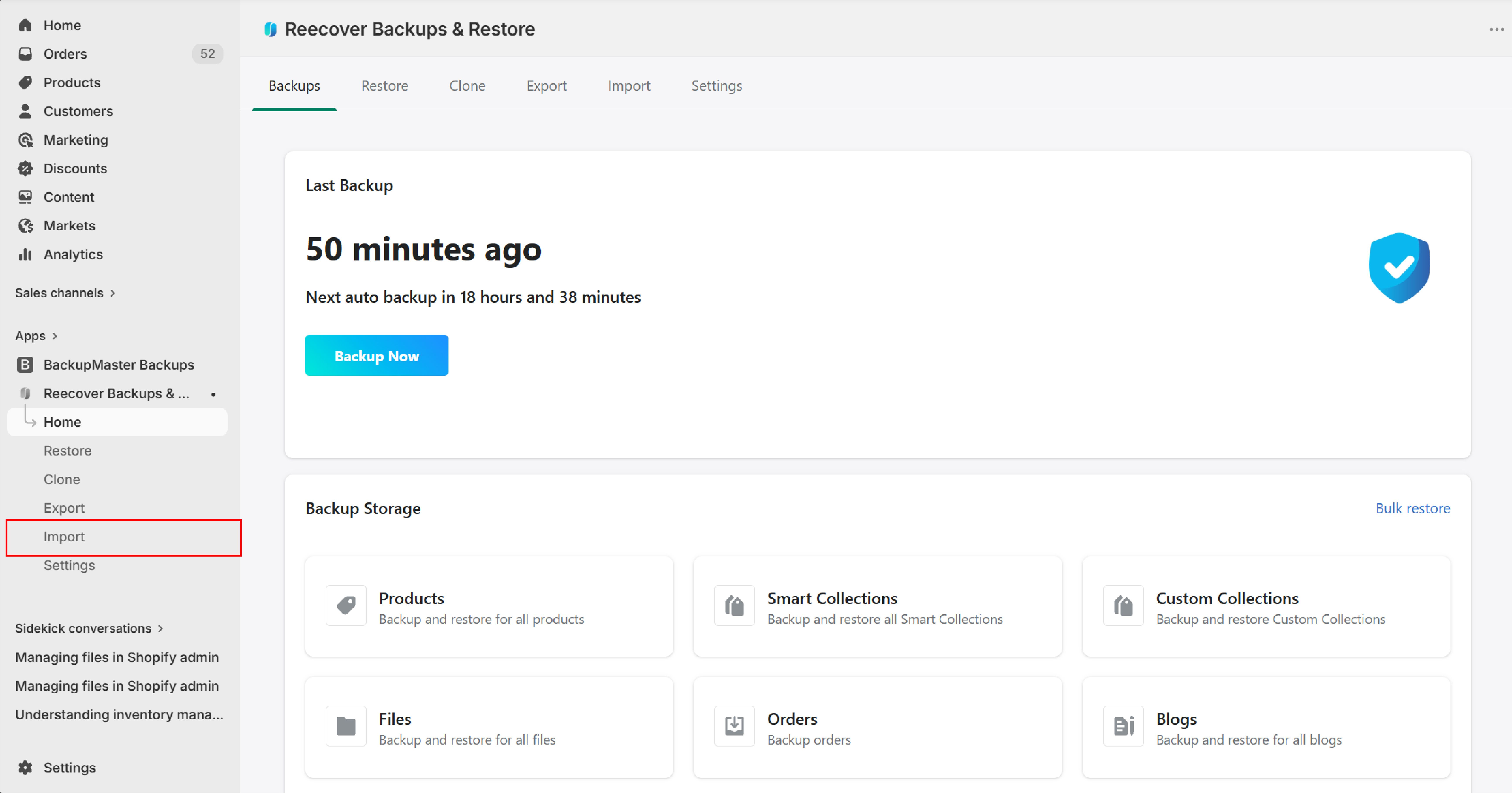 Import button on the Recover dashboard