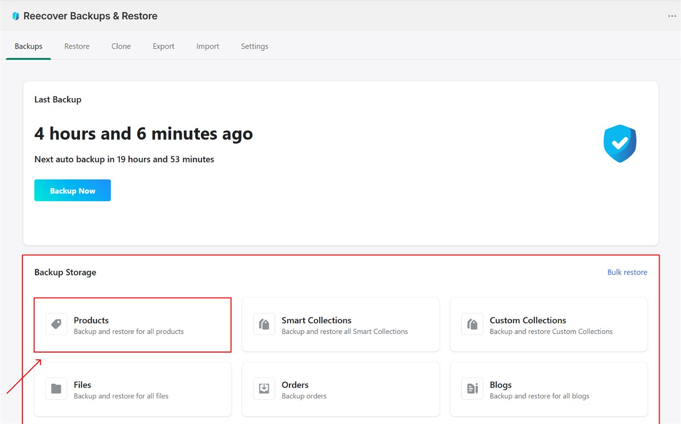 Backup storage dashboard with data categories