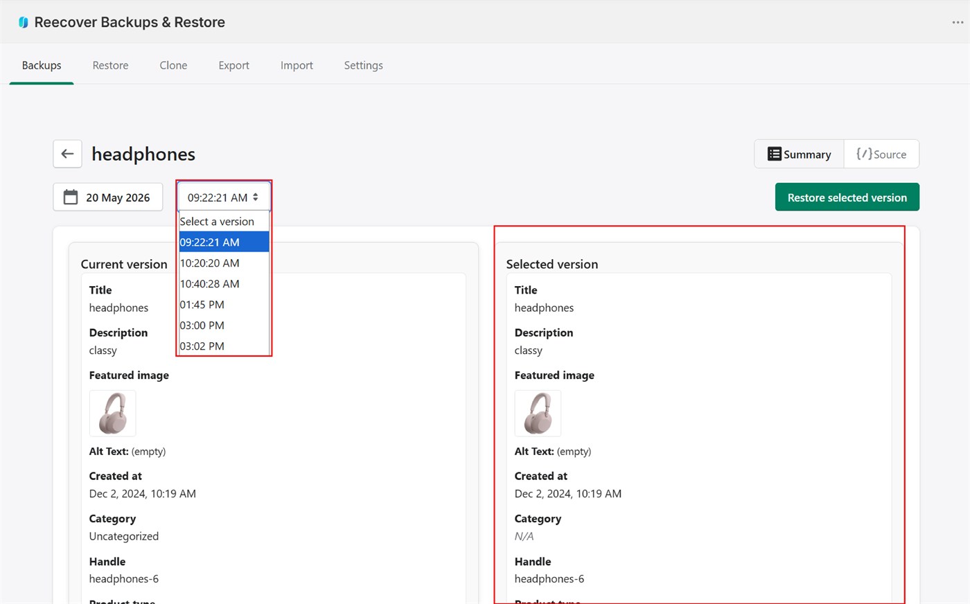 Compare and restore interface showing version differences