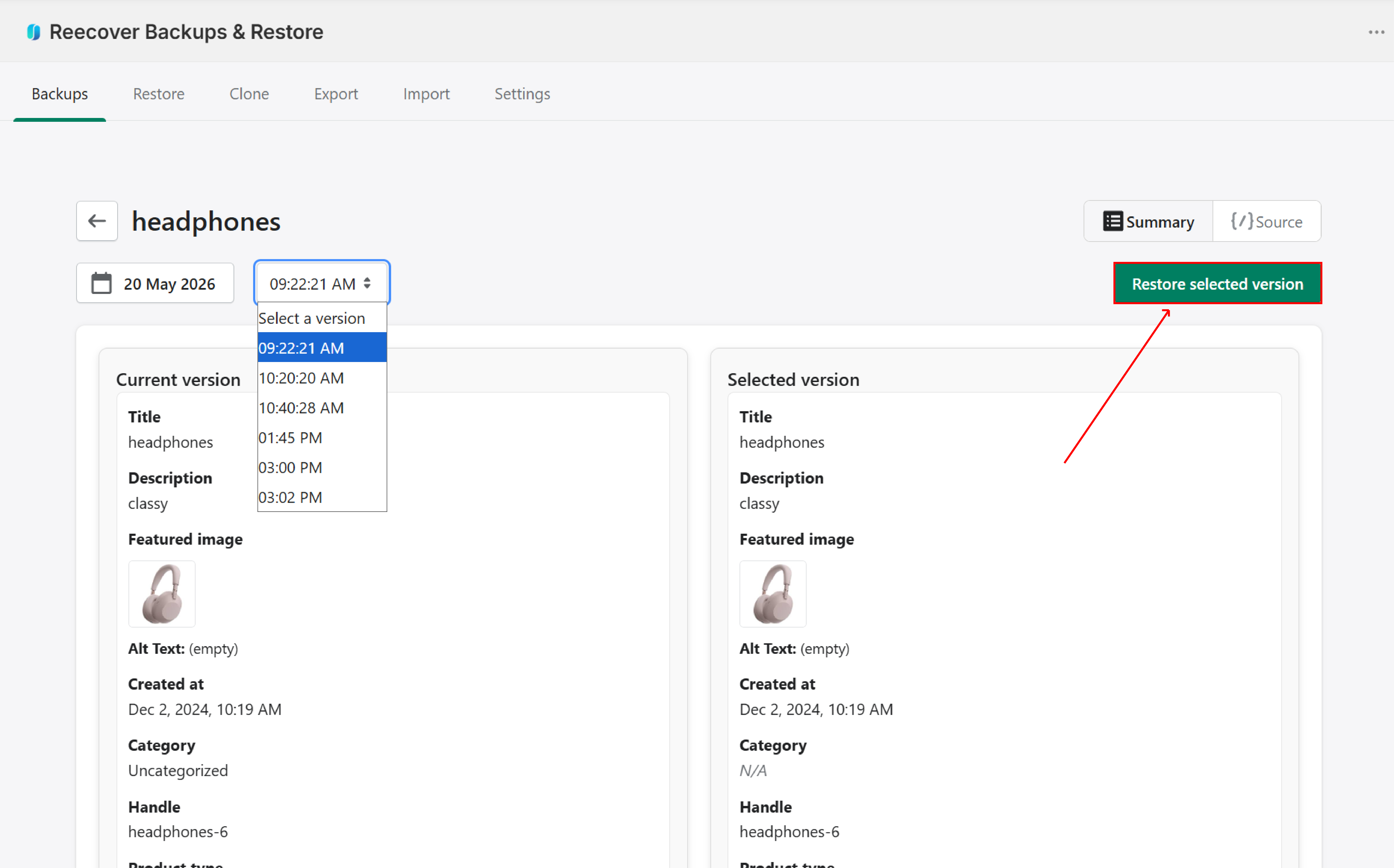 Restore to the selected backup version