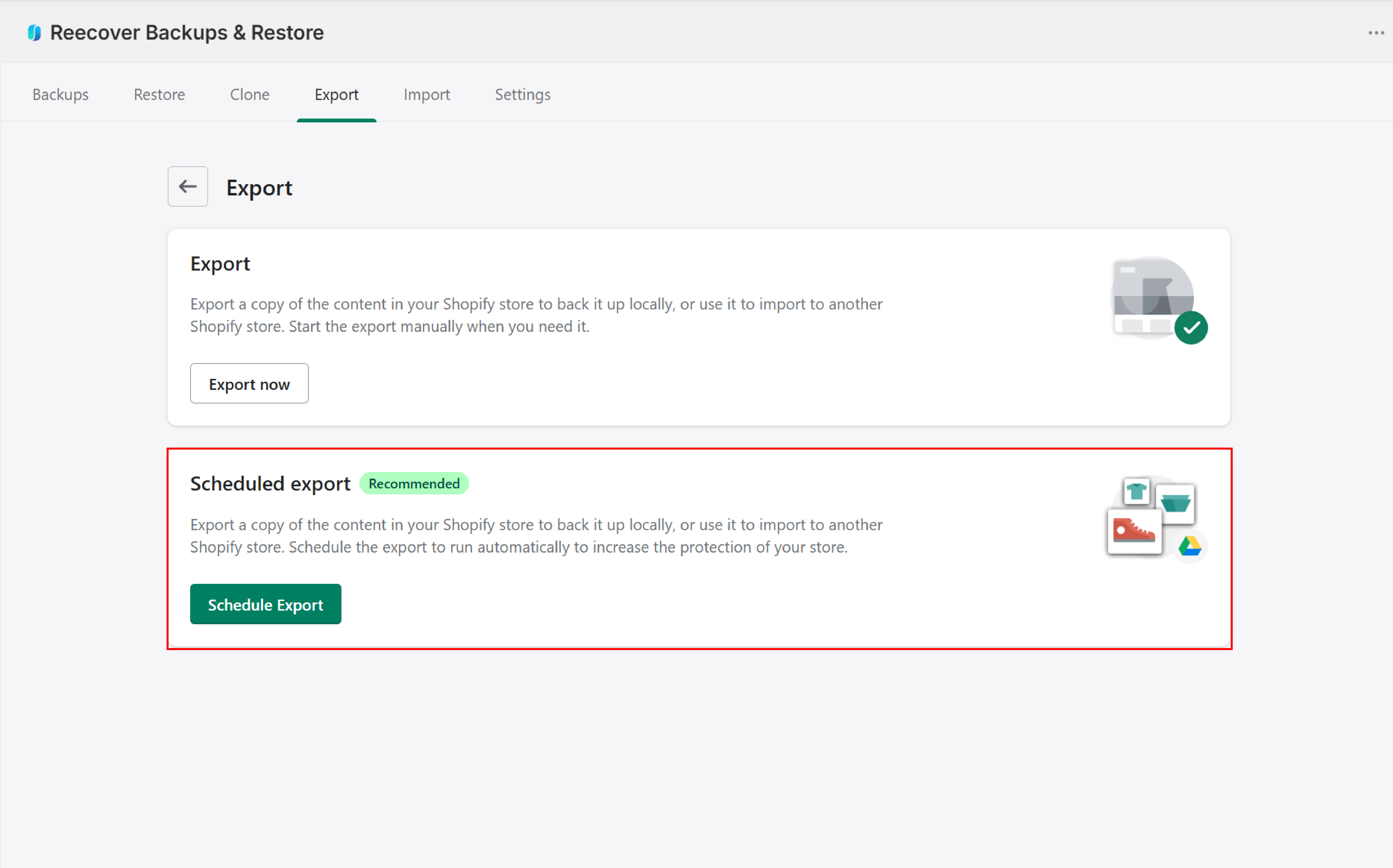 Scheduled export option in the export menu